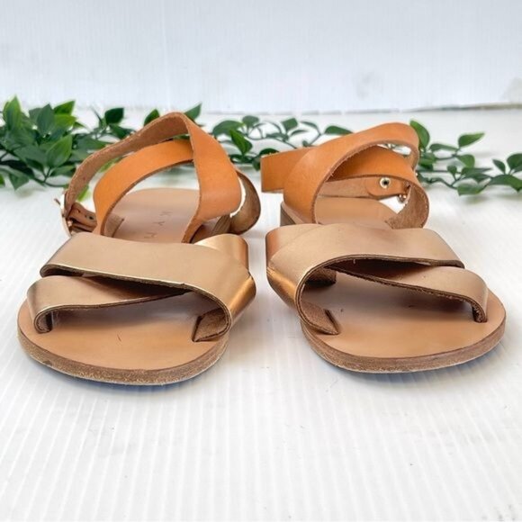 KYMA PATMOS CROSS ANKLE STRAP FLAT SANDAL GOLD/TAN LEATHER 7 - Picture 6 of 11